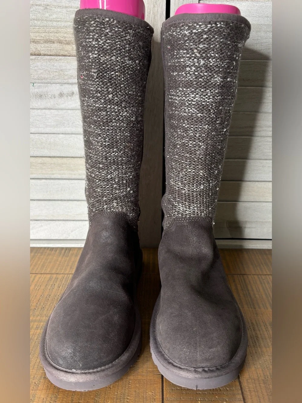 UGG Australia Camaya Tall Suede Sequin Knit Sweater Boots Gray Size 8